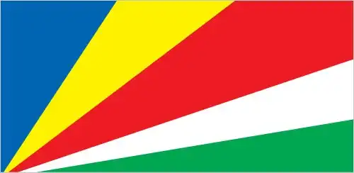 The flag of Seychelles consists of five oblique, radiating bands of blue, yellow, red, white, and green, emanating from the lower-hoist corner—symbolizing a dynamic, forward-leaning nation.