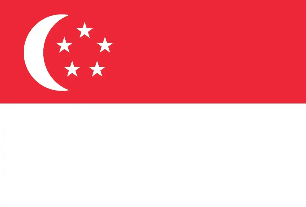 Singapore’s flag comprises two horizontal bands—red over white—with a white crescent and five stars in the upper left canton, evoking national unity, virtue, youth, and ideals.