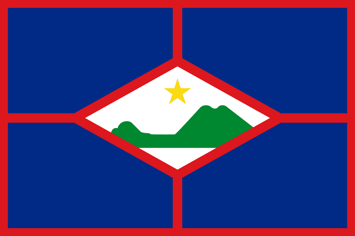 The flag of Sint Eustatius has a central white diamond bearing a green silhouette of the island and a golden five-pointed star at its top, set on a field of four blue polygons each edged in red. Blue represents the surrounding Caribbean Sea, the green silhouette depicts The Quill volcano at the island's heart, red recalls the flamboyant tree, the white diamond alludes to the 'Golden Rock' waterfall of the island anthem, and the gold star stands for unity.