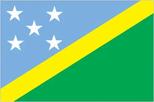 The flag of the Solomon Islands features two triangles of blue (top) and green (bottom), separated by a narrow yellow diagonal stripe from lower hoist to upper fly, with five white stars in an ‘X’ formation in the canton—symbolizing land-sea unity, sunlight, and regional communities.