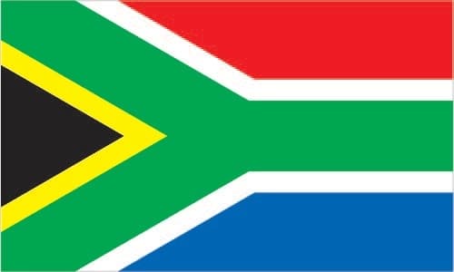 The South African flag features a unique Y-shaped design with six colors. The flag begins at the hoist with a black triangle bordered by yellow, which splits into a Y-shape. The upper band is red, the lower band is blue, and a green horizontal band extends to the fly end. A white band separates the red and blue sections. The distinctive Y or V-shaped design converges diverse elements into a unified horizontal band.
