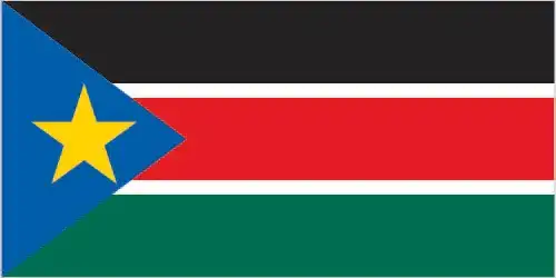 South Sudan’s flag consists of horizontal bands—black, red, and green—separated by thin white stripes, with a blue equilateral triangle at the hoist bearing a central golden star, representing identity, struggle, and hope.