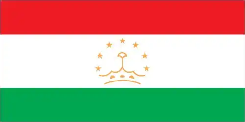 Tajikistan’s flag is a horizontal tricolor of red, white (wider), and green, with a golden crown surmounted by seven stars centered on the white band—conveying sovereignty, unity, purity, and agricultural heritage.