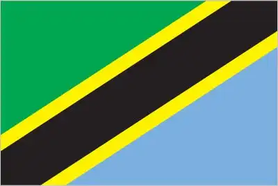 Tanzania’s flag displays a diagonal golden-edged black band dividing a green upper triangle and a blue lower triangle, creating a bold and unique national emblem adopted at the union of Tanganyika and Zanzibar.