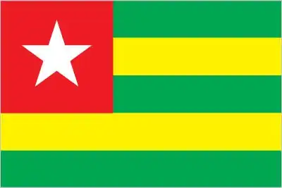 Togo’s flag has five horizontal stripes—green, yellow, green, yellow, green—with a red canton bearing a white star—rendering it one of Africa’s most distinctive Pan‑African flags.