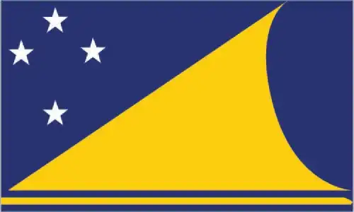 Tokelau’s flag displays a yellow traditional canoe sailing toward the Southern Cross of four white stars on a deep blue field, reflecting the territory’s seafaring culture and aspirations.
