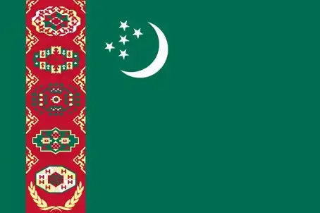 Turkmenistan’s flag is a green field with a vertical red stripe near the hoist featuring five carpet guls, overlapping a white crescent and five stars, and crossed olive branches—fusing Islamic heritage, tribal unity, neutrality, and artisanal tradition.