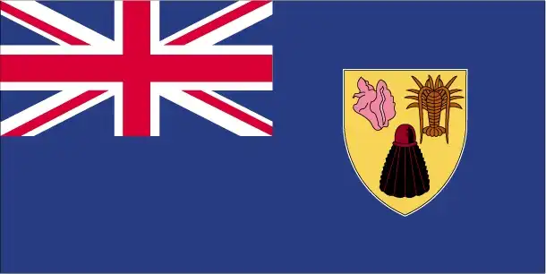 The flag is a British Blue Ensign—blue field with the Union Jack in the canton—defaced with the territory’s coat of arms: a yellow shield displaying a queen conch shell, Caribbean spiny lobster, and Turk’s Head cactus, supported by flamingos and surmounted by a pelican crest.