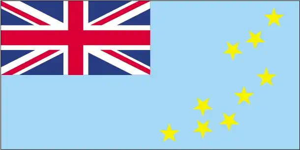 Tuvalu’s flag is a light blue British Ensign, with the Union Jack in the canton and nine yellow five-pointed stars in the fly half, arranged approximately to match the geographic positions of the nine islands of the archipelago.