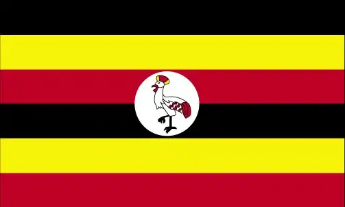 Uganda’s flag features six equal horizontal stripes (black, yellow, red repeated), with a central white disk containing a grey crowned crane (facing the hoist), symbolizing the nation’s heritage and forward-moving peace.