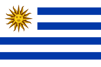 The flag of Uruguay has nine horizontal stripes—white and blue alternating—with a white canton featuring the golden Sun of May with 16 triangular and wavy rays, symbolizing freedom and republican ideals.