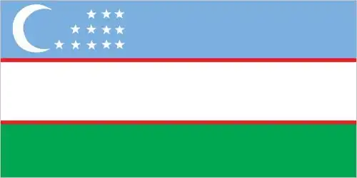 Uzbekistan’s flag is a horizontal triband of azure, white, and green separated by thin red stripes, with a white crescent and 12 stars in the upper-hoist azure band—blending Islamic symbolism, Turkic identity, and hopes for renewal.