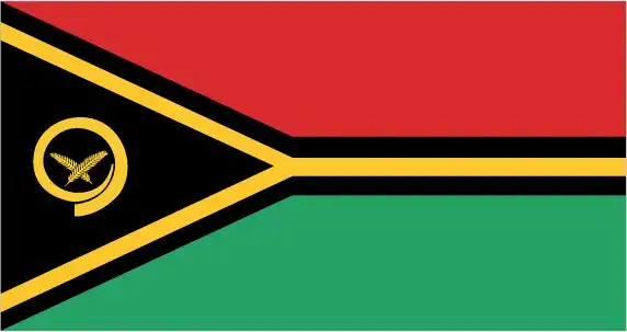 Vanuatu’s flag overlays a black chevron bordered in yellow, separating horizontal red and green fields, with a yellow boar’s tusk enclosing two crossed namele leaves—ancient emblems of custom, peace, and prosperity.