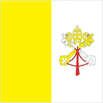 The flag of the Holy See is a vertical bicolor of gold-yellow and white, with the crossed keys of Saint Peter and the papal tiara centered in the white half. The keys symbolize the authority bestowed on Saint Peter and his successors, the popes, while the gold and silver keys represent spiritual and worldly power, and the crossed arrangement reflects the Papacy’s role as guardian of faith and moral authority.