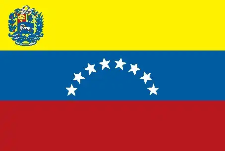 Venezuela’s flag features a horizontal tricolor of yellow, blue, and red with an arc of eight white stars centered on the blue band, echoing the design first flown by Francisco de Miranda in 1806.