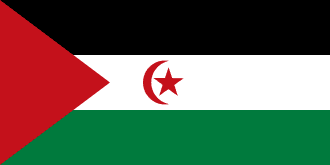 The flag of the Sahrawi Arab Democratic Republic is a Pan‑Arab tricolor (black‑white‑green) with a red hoist triangle and a red star‑crescent centered in the white stripe—symbolizing Islamic republic, revolt, and national identity.
