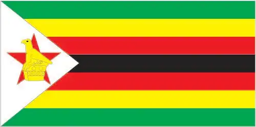 Zimbabwe’s flag consists of seven horizontal stripes (green, gold, red, black, red, gold, green) with a white triangle at the hoist bearing the Zimbabwe Bird superimposed on a red star, blending pre- and post-independence symbolism.